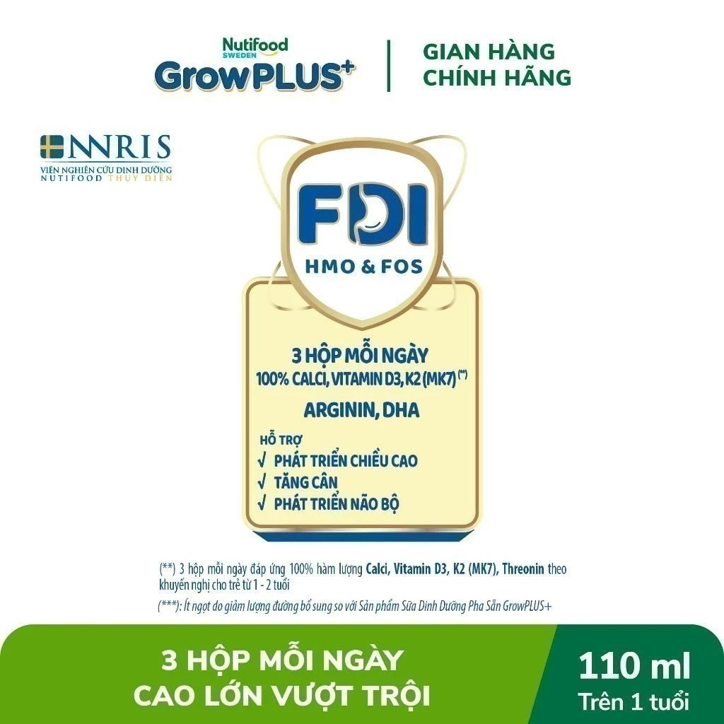 Sữa Nutifood Sweden GrowPLUS+ 110ml, Sữa tăng chiều cao cho bé, Sữa pha sẵn cho trẻ em, Sữa hỗ trợ phát triển chiều cao, Sữa bổ sung canxi cho bé