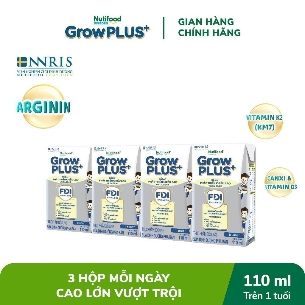 Sữa Nutifood Sweden GrowPLUS+ 110ml, Sữa tăng chiều cao cho bé, Sữa pha sẵn cho trẻ em, Sữa hỗ trợ phát triển chiều cao, Sữa bổ sung canxi cho bé