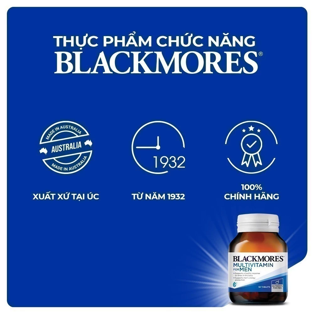 Blackmores Multivitamin For Men 50s, Vitamin tổng hợp Blackmores cho nam, Vitamin Blackmores Multivitamin For Men, Vitamin tổng hợp nam giới Blackmores, Blackmores For Men 50 viên