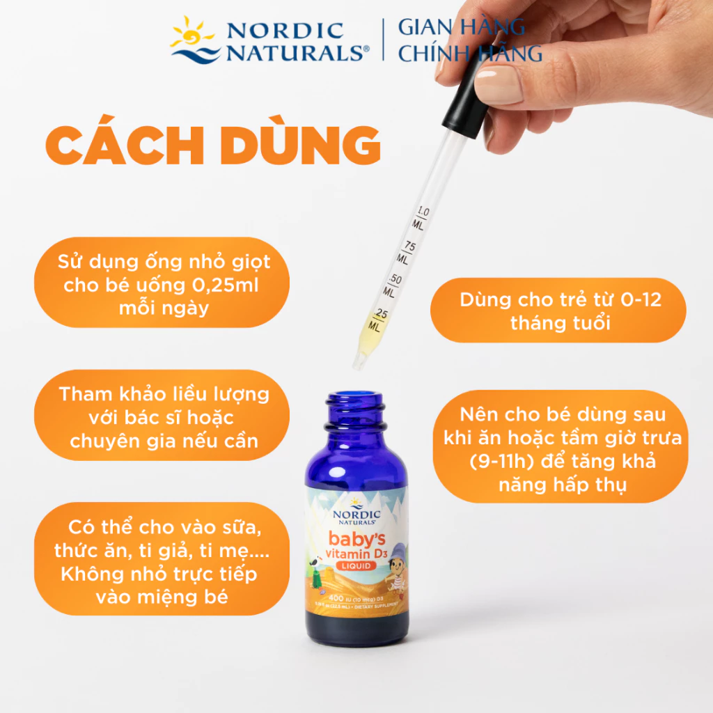Vitamin D3 cho trẻ sơ sinh, Nordic Naturals Baby's Vitamin D3, bổ sung vitamin D3, hỗ trợ hấp thu canxi, tăng cường miễn dịch, phát triển xương và chiều cao