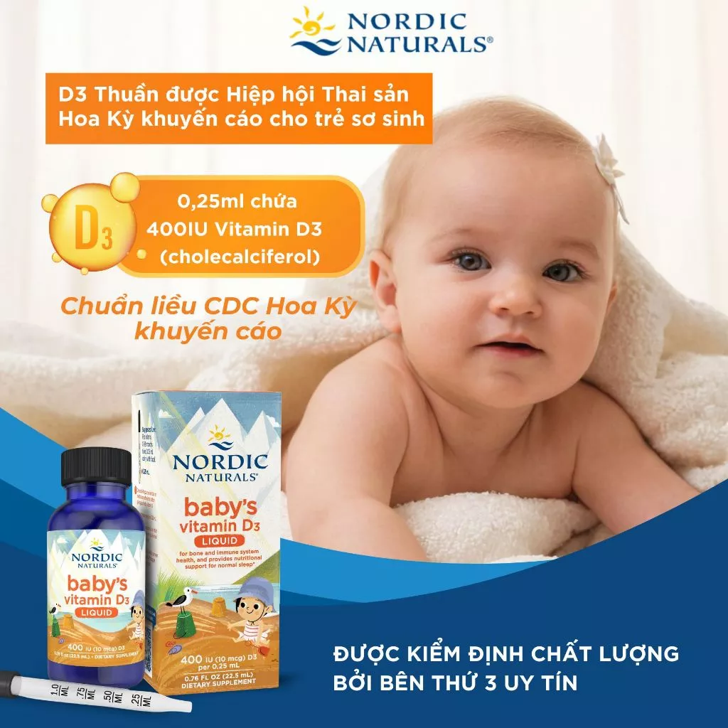 Vitamin D3 cho trẻ sơ sinh, Nordic Naturals Baby's Vitamin D3, bổ sung vitamin D3, hỗ trợ hấp thu canxi, tăng cường miễn dịch, phát triển xương và chiều cao