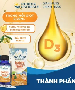 Vitamin D3 cho trẻ sơ sinh, Nordic Naturals Baby's Vitamin D3, bổ sung vitamin D3, hỗ trợ hấp thu canxi, tăng cường miễn dịch, phát triển xương và chiều cao