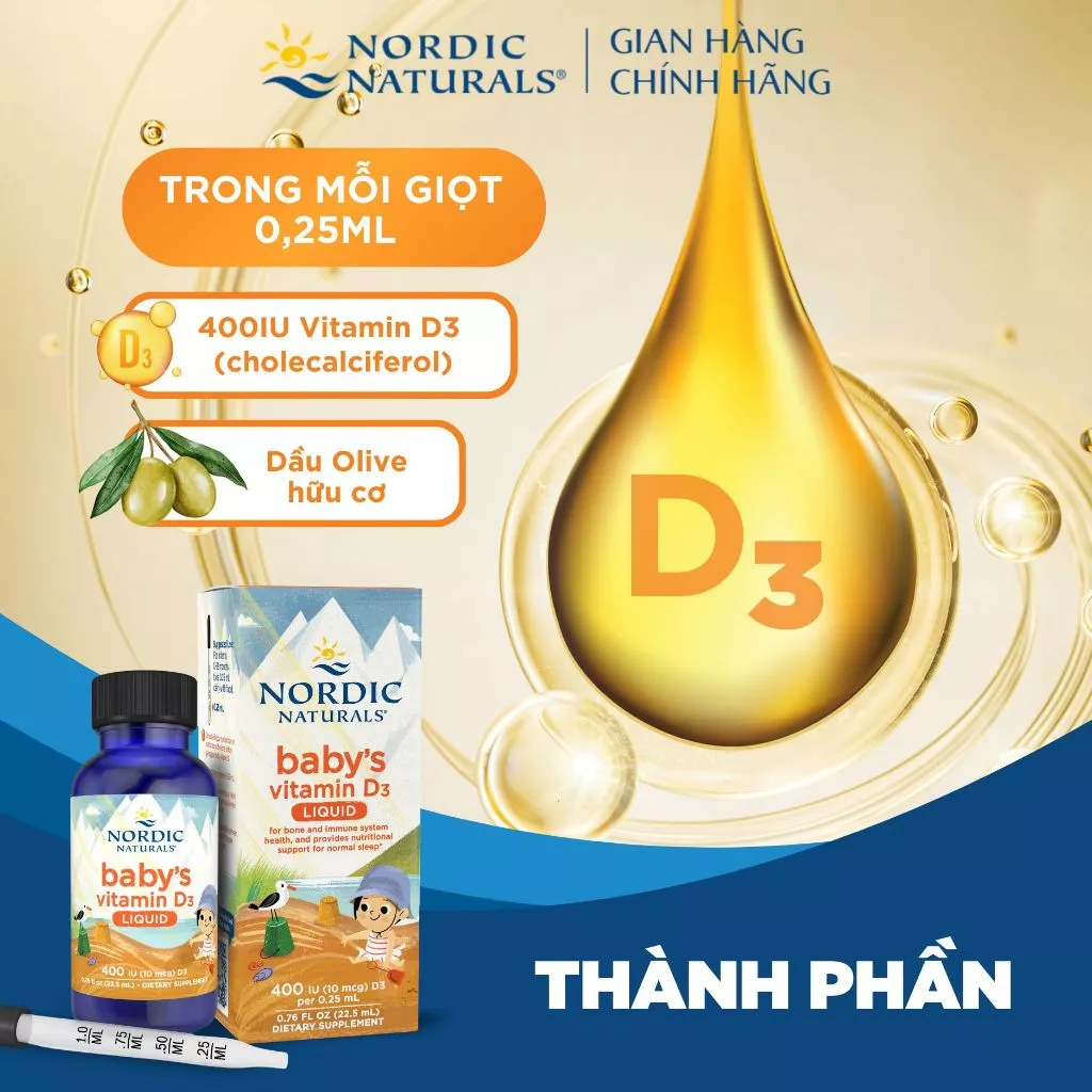 Vitamin D3 cho trẻ sơ sinh, Nordic Naturals Baby's Vitamin D3, bổ sung vitamin D3, hỗ trợ hấp thu canxi, tăng cường miễn dịch, phát triển xương và chiều cao