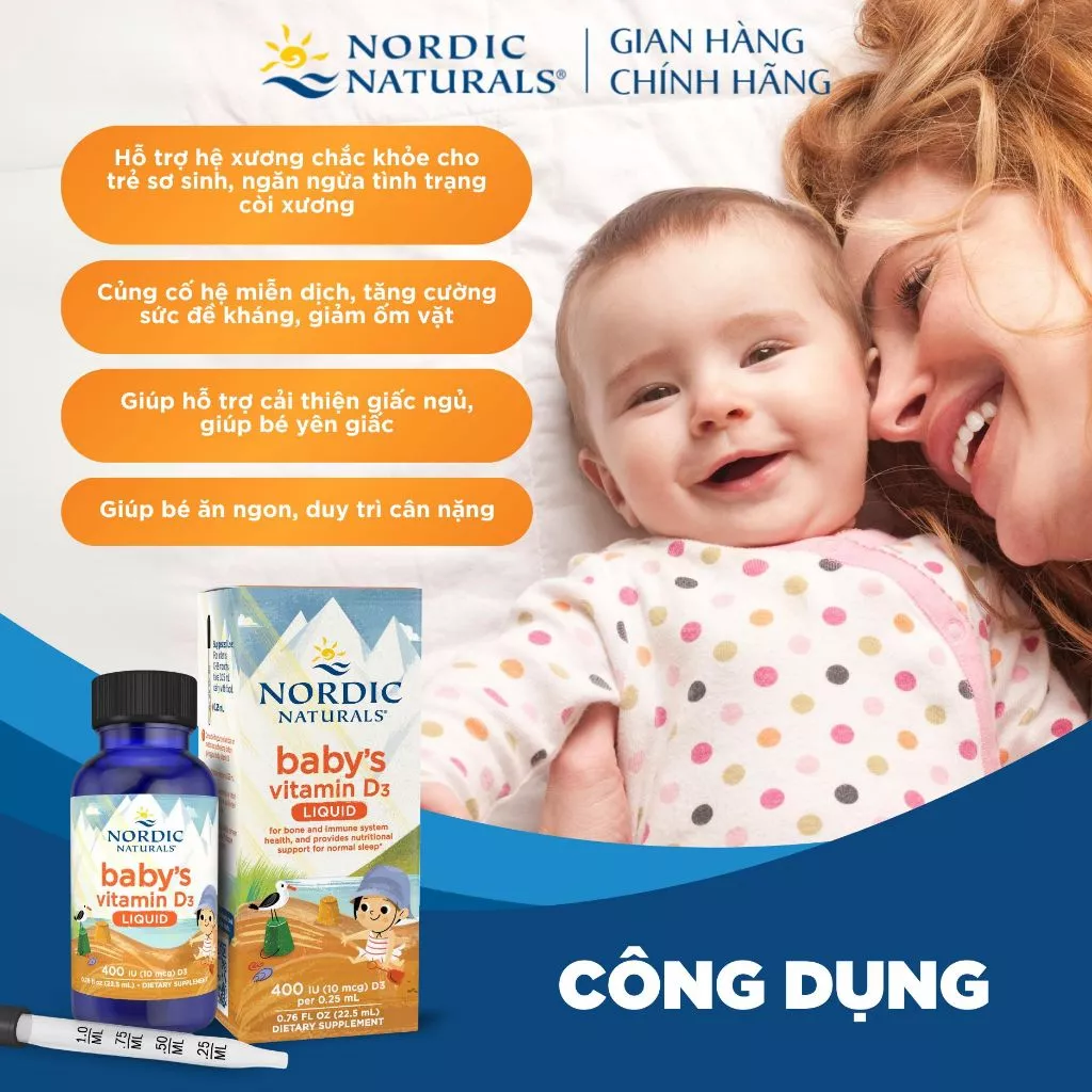 Vitamin D3 cho trẻ sơ sinh, Nordic Naturals Baby's Vitamin D3, bổ sung vitamin D3, hỗ trợ hấp thu canxi, tăng cường miễn dịch, phát triển xương và chiều cao