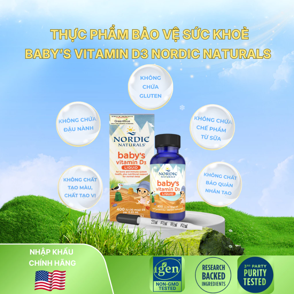 Vitamin D3 cho trẻ sơ sinh, Nordic Naturals Baby's Vitamin D3, bổ sung vitamin D3, hỗ trợ hấp thu canxi, tăng cường miễn dịch, phát triển xương và chiều cao