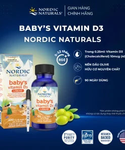 Vitamin D3 cho trẻ sơ sinh, Nordic Naturals Baby's Vitamin D3, bổ sung vitamin D3, hỗ trợ hấp thu canxi, tăng cường miễn dịch, phát triển xương và chiều cao
