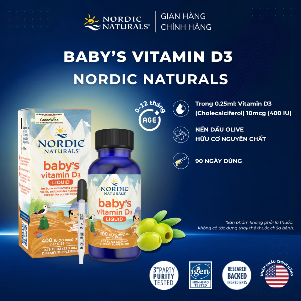 Vitamin D3 cho trẻ sơ sinh, Nordic Naturals Baby's Vitamin D3, bổ sung vitamin D3, hỗ trợ hấp thu canxi, tăng cường miễn dịch, phát triển xương và chiều cao